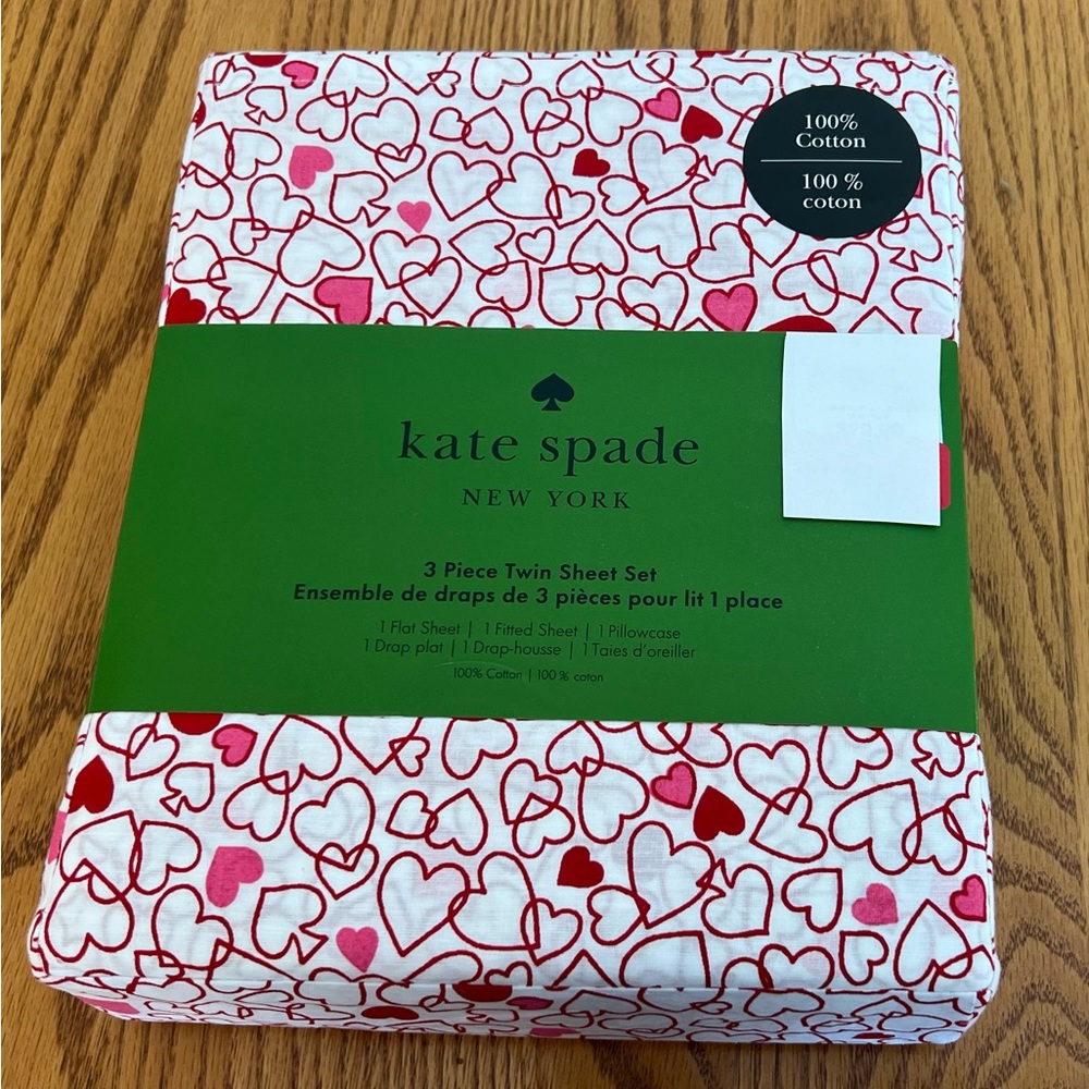 NIP Kate Spade Red/White Hearts Twin Sheet Set